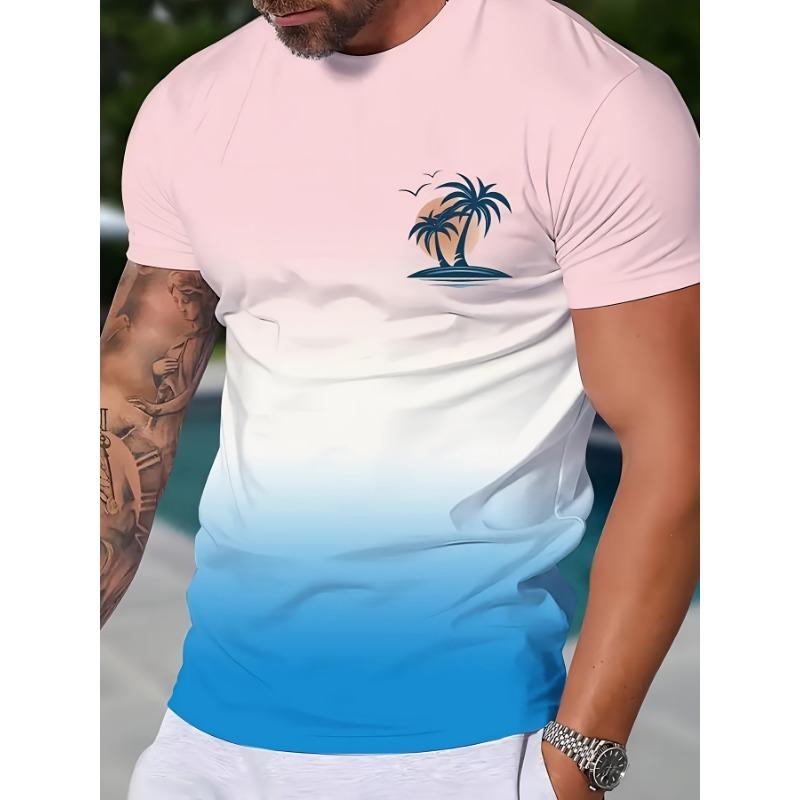 Men s Tropical Vacation Gradient Pink Blue Palm Tree Print T-Shirt S