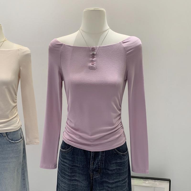 Elegant Korean Style One-Shoulder T-shirt for Women - Autumn/Winter 2025 Slimming Off-the-Shoulder Top Large розовый