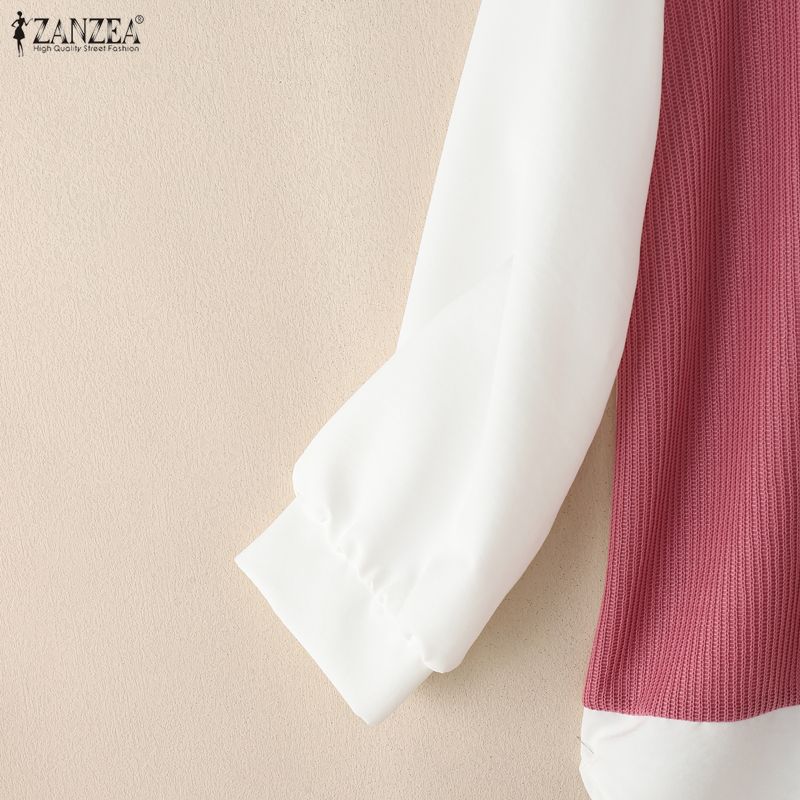 ZANZEA Women Turn Down Collar Long Sleeve Patchwork Casual Blouse