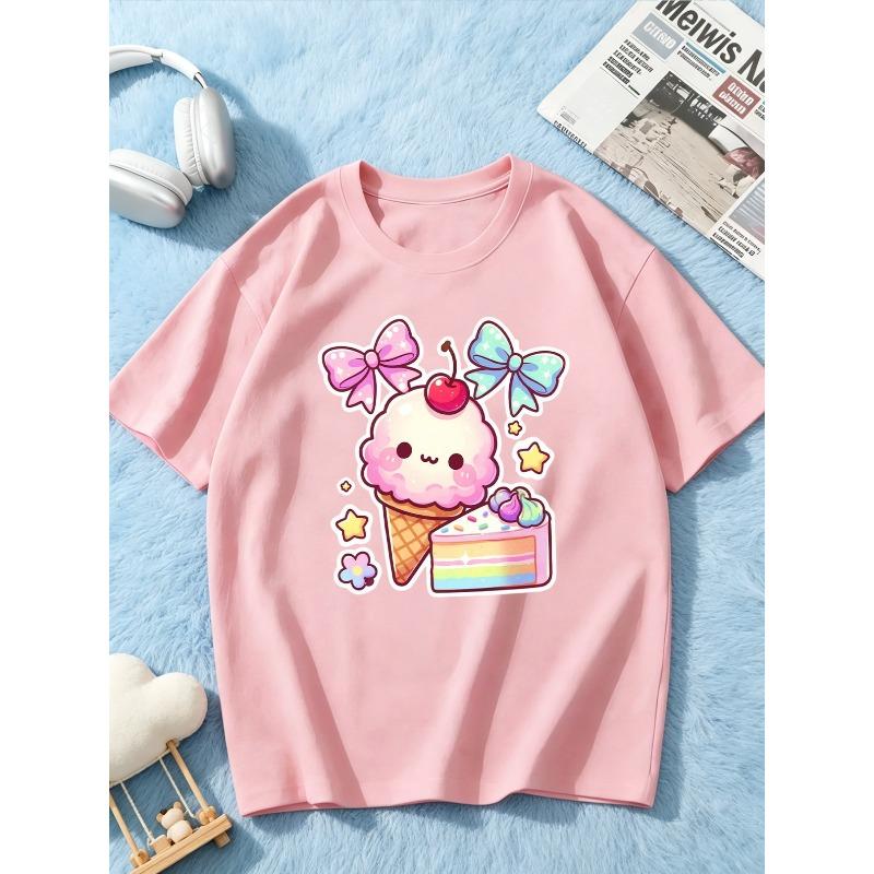 European sizes Girls' T-shirt, Spring/Summer Cute Ice Cream Cake Print Design, Adorable and Fun Surprise Gift