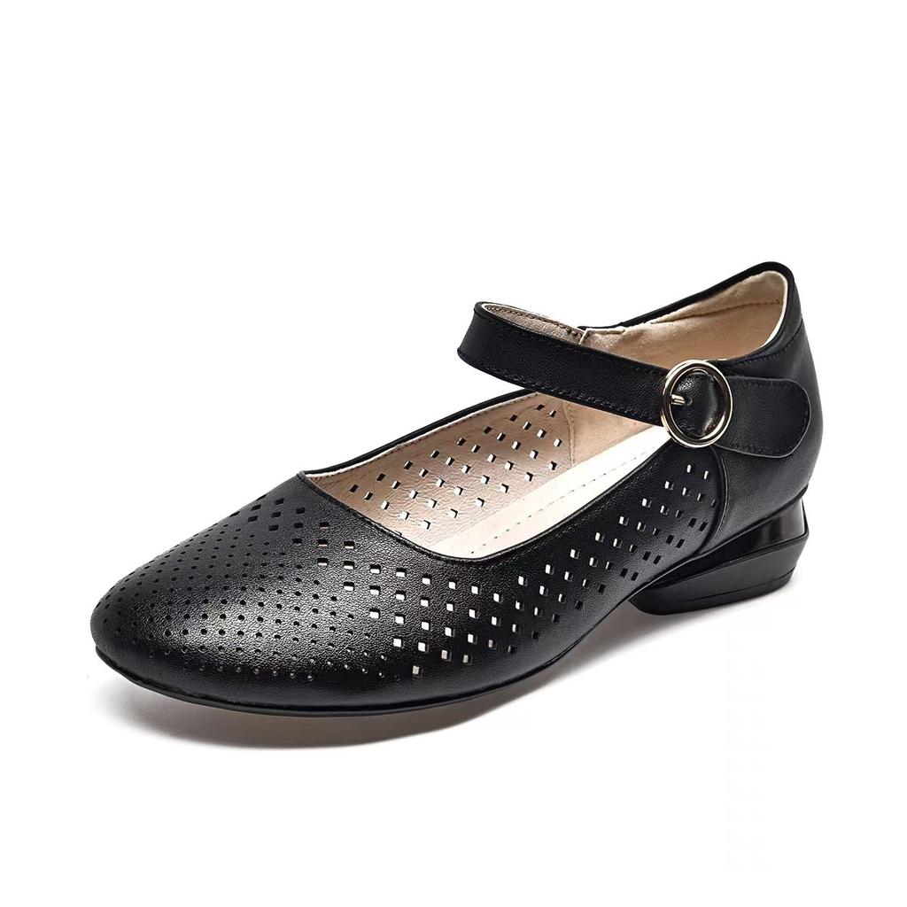 Round Head Women's Spring and Summer New Shallow Mouth Word with Low Heel Mary Jane Shoes Flat Bottom Hollow Women's Single Shoes