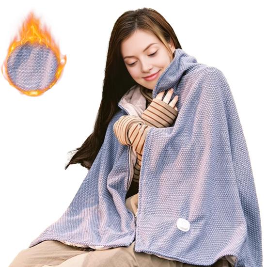 Electric Blanket USB-Powered Hooded Zipper Closure Solid Color Heated Shawl Wraps Winter Warm Quick Heating Blanket