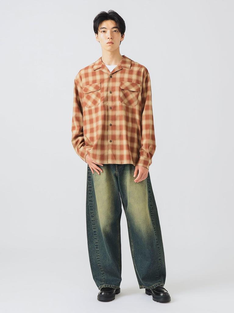 Beams Heart Men's Polyester Rayon Ombre Check Shirt, BRICK Size S