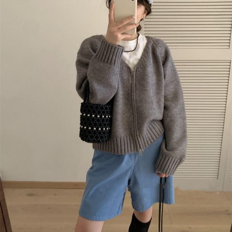 

Простой трикотажный жакет с V-образным вырезом, на молнии, с длинными рукавами, женский свободный повседневный топ One size серый