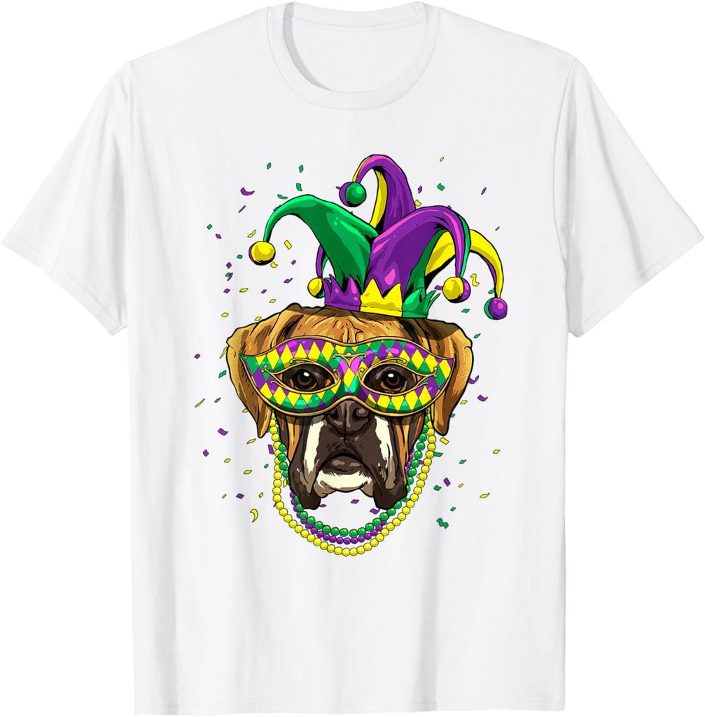 Boxer Dog Mardi Gras  Mask Beads Graphic Print Men Casual Cotton T-Shirt