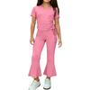 Girls Two Piece Outfit Short Sleeve Drawstring Top with Side Ruching and Flared Capri Pants Set Casual Wear for Kids