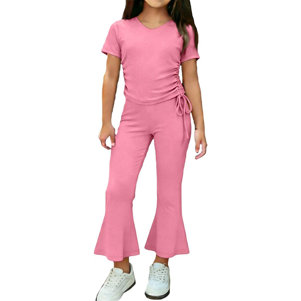 Girls Two Piece Outfit Short Sleeve Drawstring Top with Side Ruching and Flared Capri Pants Set Casual Wear for Kids