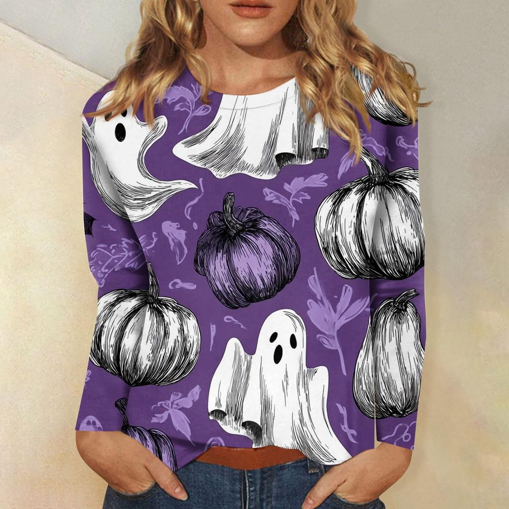 Women's Long-sleeved Loose-necked Halloween Print Casual Top, Suitable for Holiday Parties