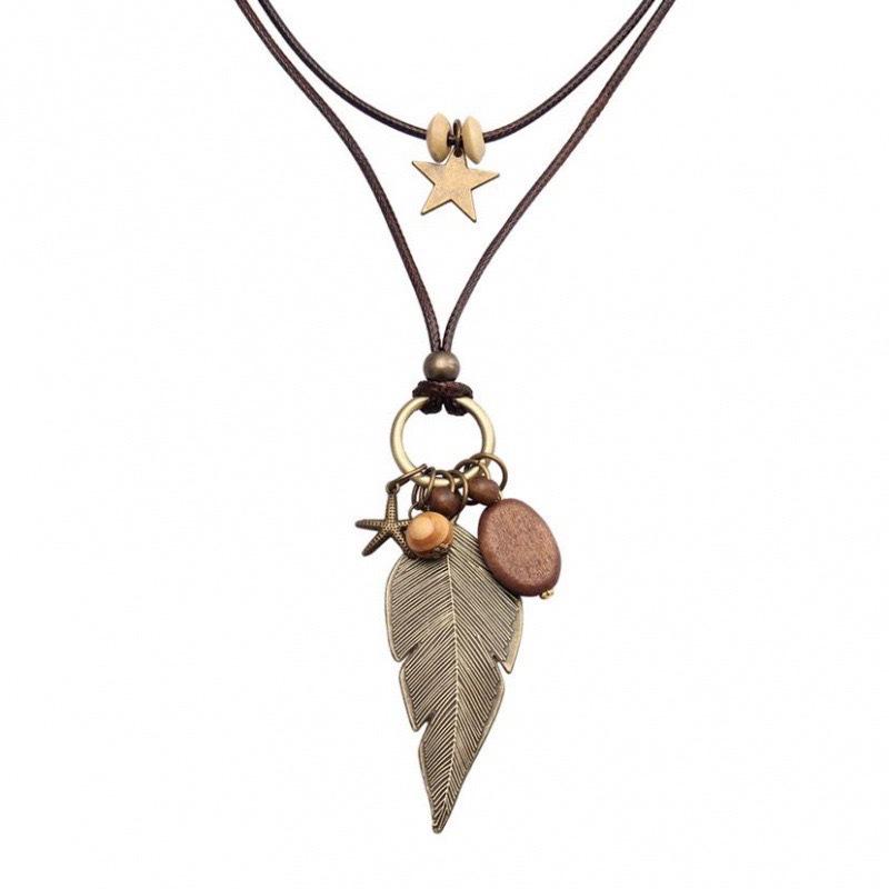 Women's Double Layer Retro Ethnic Beaded Zen Necklace with Feather Pendant