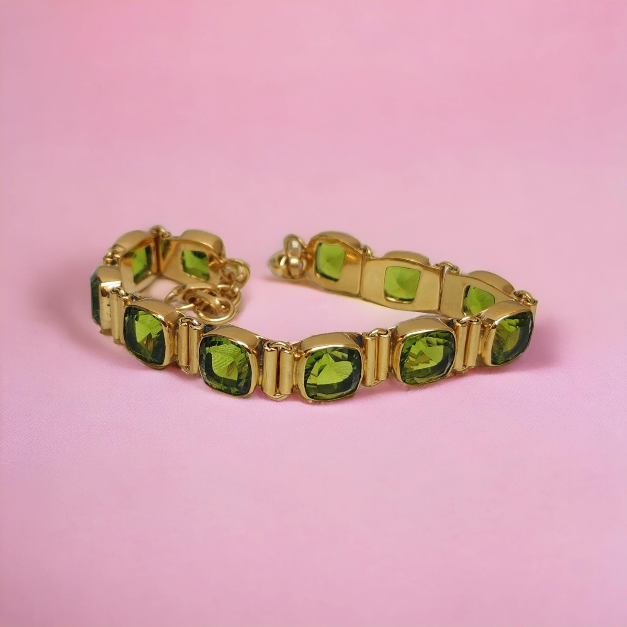 

Вогнутый браслет с перидотом, подушка, драгоценный камень, ювелирные изделия ручной работы, желтое золото, регулируемый браслет-цепочка, подарки на годовщину зелёный