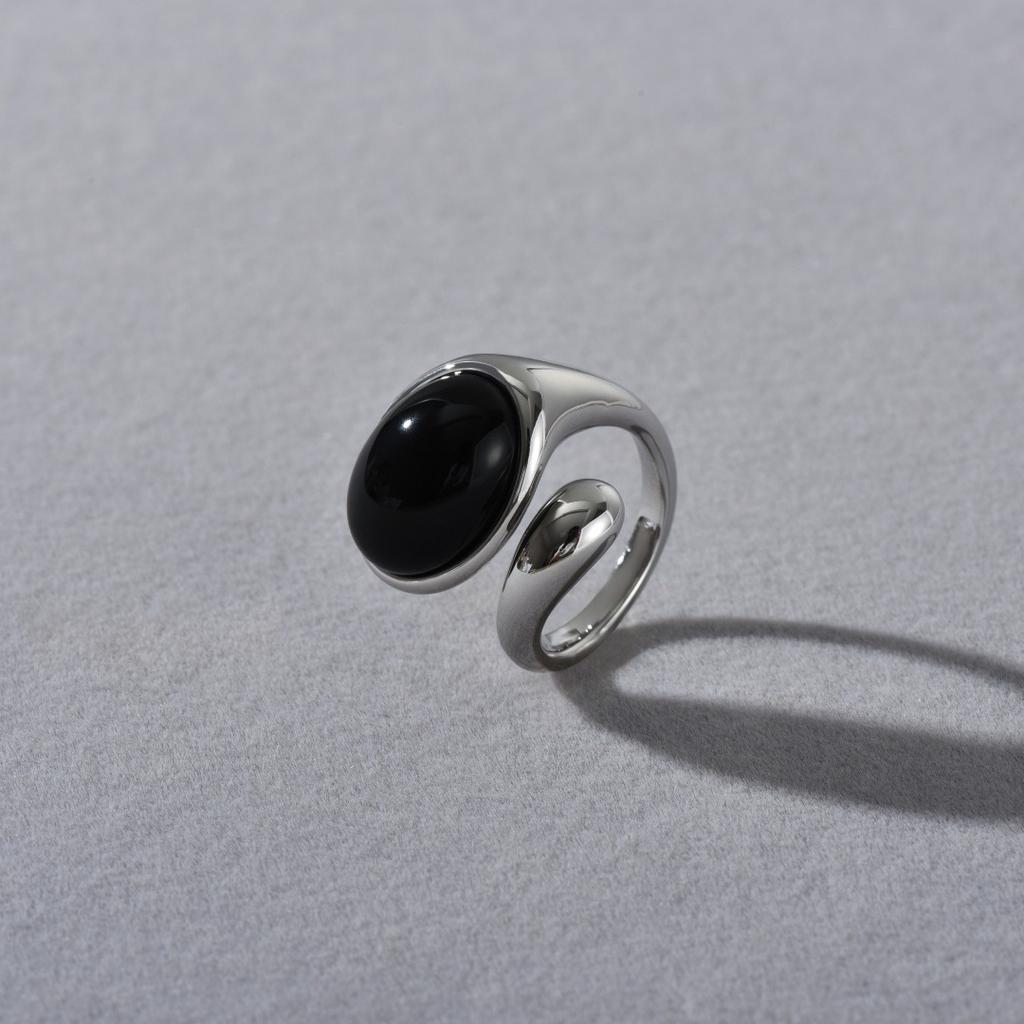 Retro Cold Style High-End Metal Inlaid Black Agate Ring Niche Design Irregular Trendy Fashion Ring