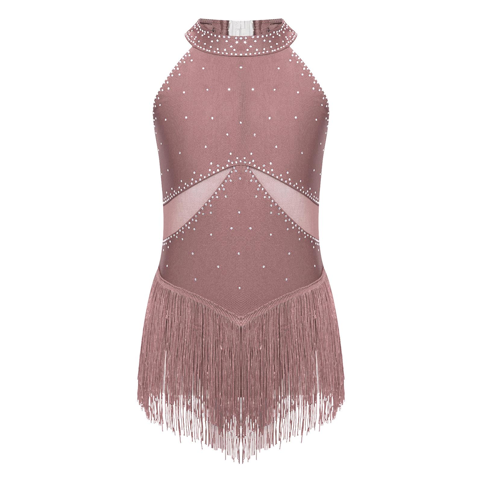 

Дівчачий блискучий леотар для танців зі стразами, з бахромою, прозорою сітчастою вставкою, вирізом-краплею на спині та китицями 5-6 Years рожевий