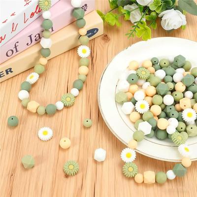AB34-100 Pcs Daisy Flower Silicone Round Hexagon Loose Beads For DIY Crafts Jewelry Necklace Bracelet Keychain Making