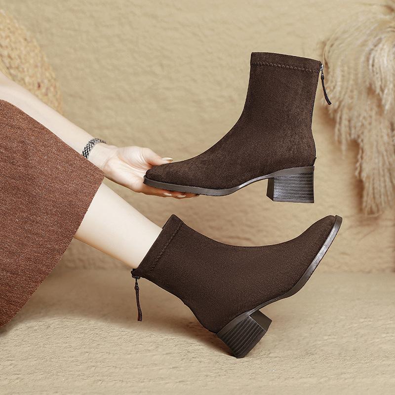 Square head short boots women's spring and autumn single boots 2025 new thick heel medium tube black boots French medium heel thin small short boots