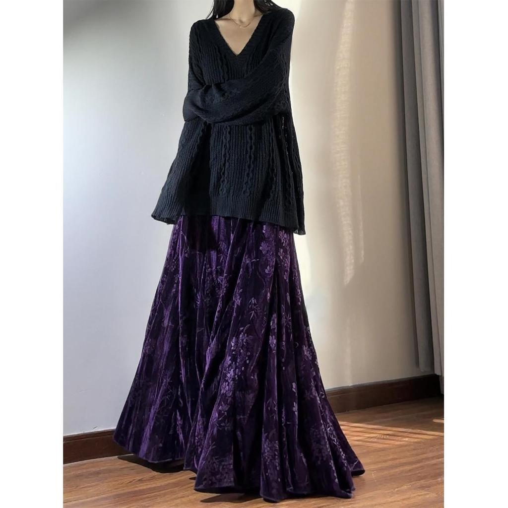 Velvet High Waist Fishtail Skirt - Chinese Style, Long Flare, Autumn/Winter Collection for Women