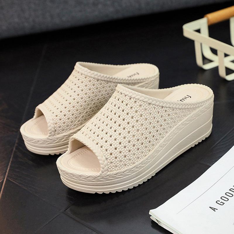 Cool Slippers Women Summer Slope Heel Thick Sole Wear Beach Shoes, Mesh Hollow Slippers Foreign Trade Wholesale