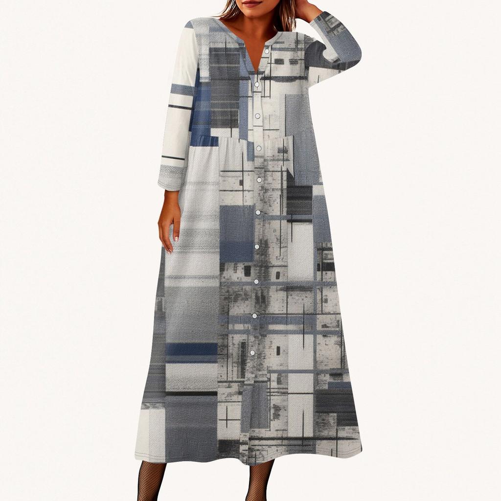 Dámské módní tištěné kulaté sedmiminutové rukávy knoflíkové volné košilové šaty