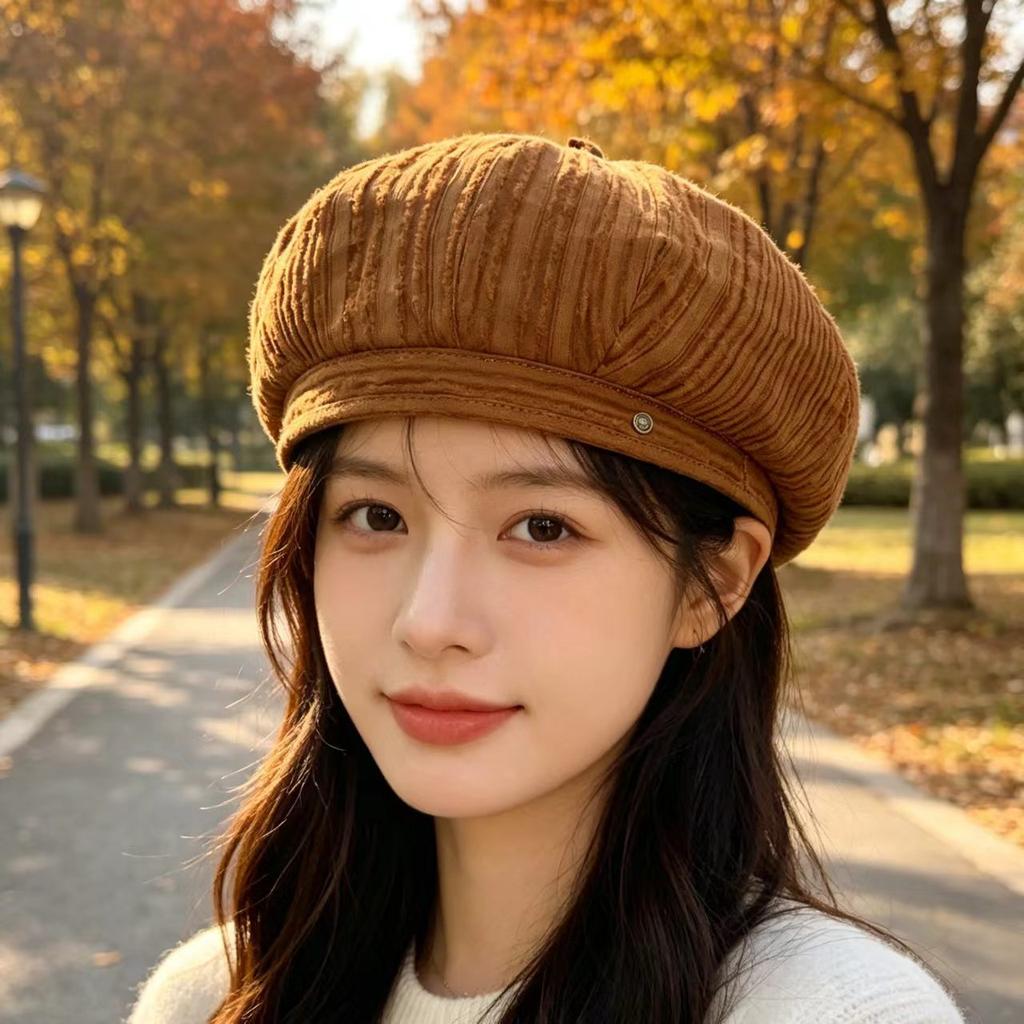 Retro Plaid Pumpkin Hat Octagonal Hat Shows a Small Face, New Versatile Big Version Newsboy Hat Beret Spring and Summer
