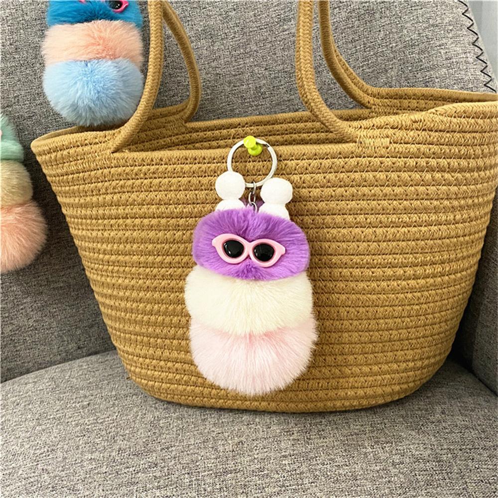 Niedliche bunte Plüschraupen Schlüsselanhänger mit Sonnenbrille Weicher Kaninchenfell Tier Pompon Anhänger Mit Schlüsselringen Für Damen Handtasche