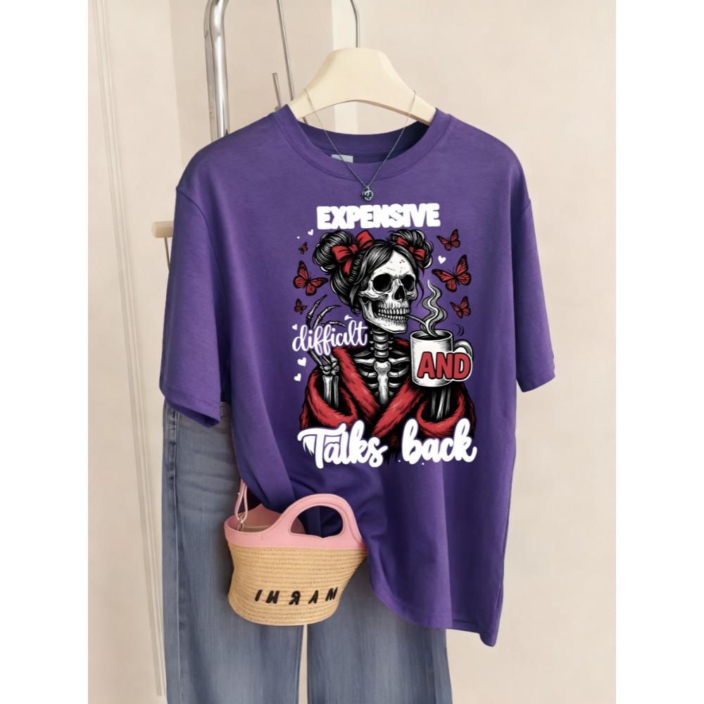 Expensive Talks Back Coffee Butterfly Skulls Print T Shirt Women Summer O-Neck T-Shirts Y2K Soft Short Sleeve Casual Top