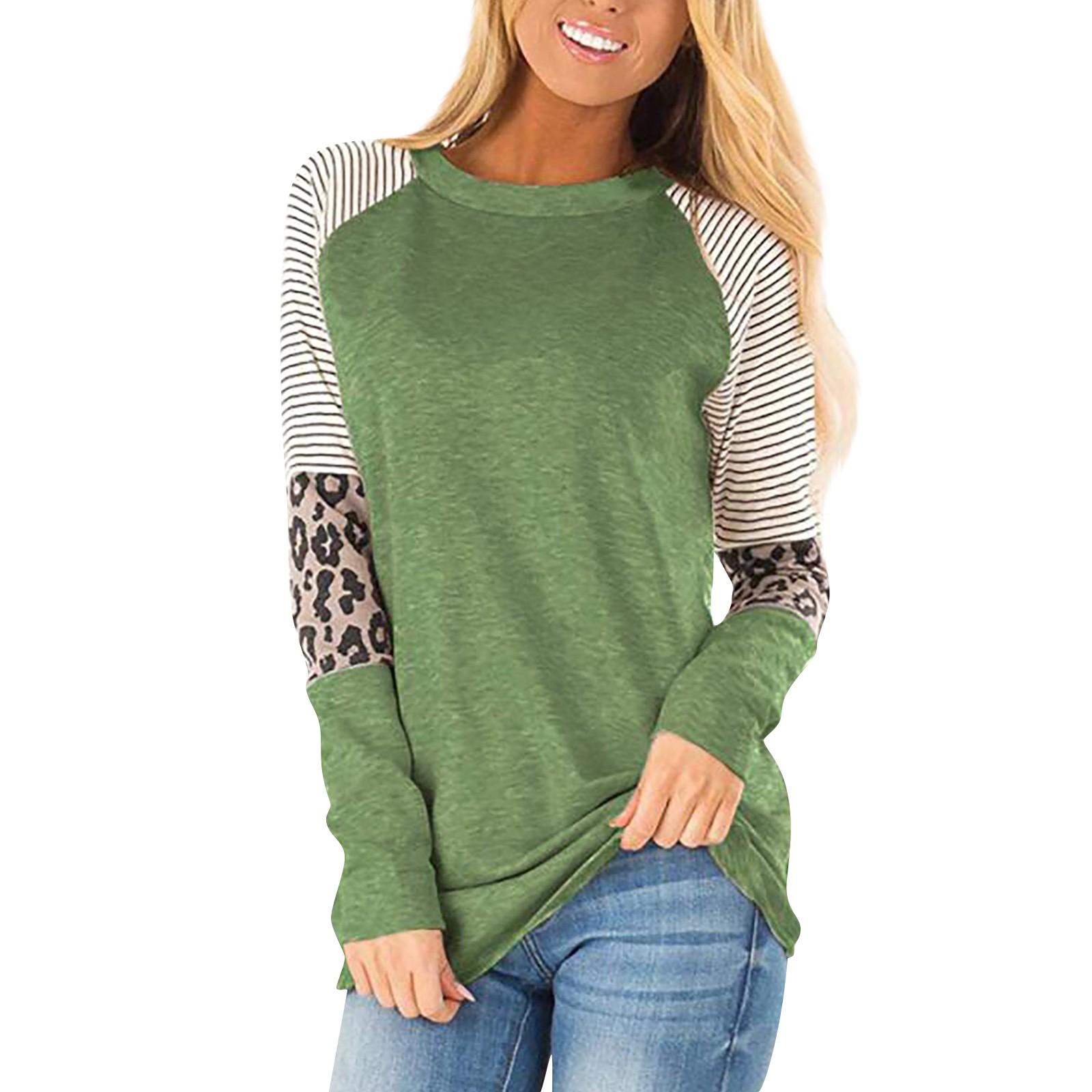 Women s  And Winter Fashion Leopard Print Striped Round Neck Long Sleeve Top L армия зеленый