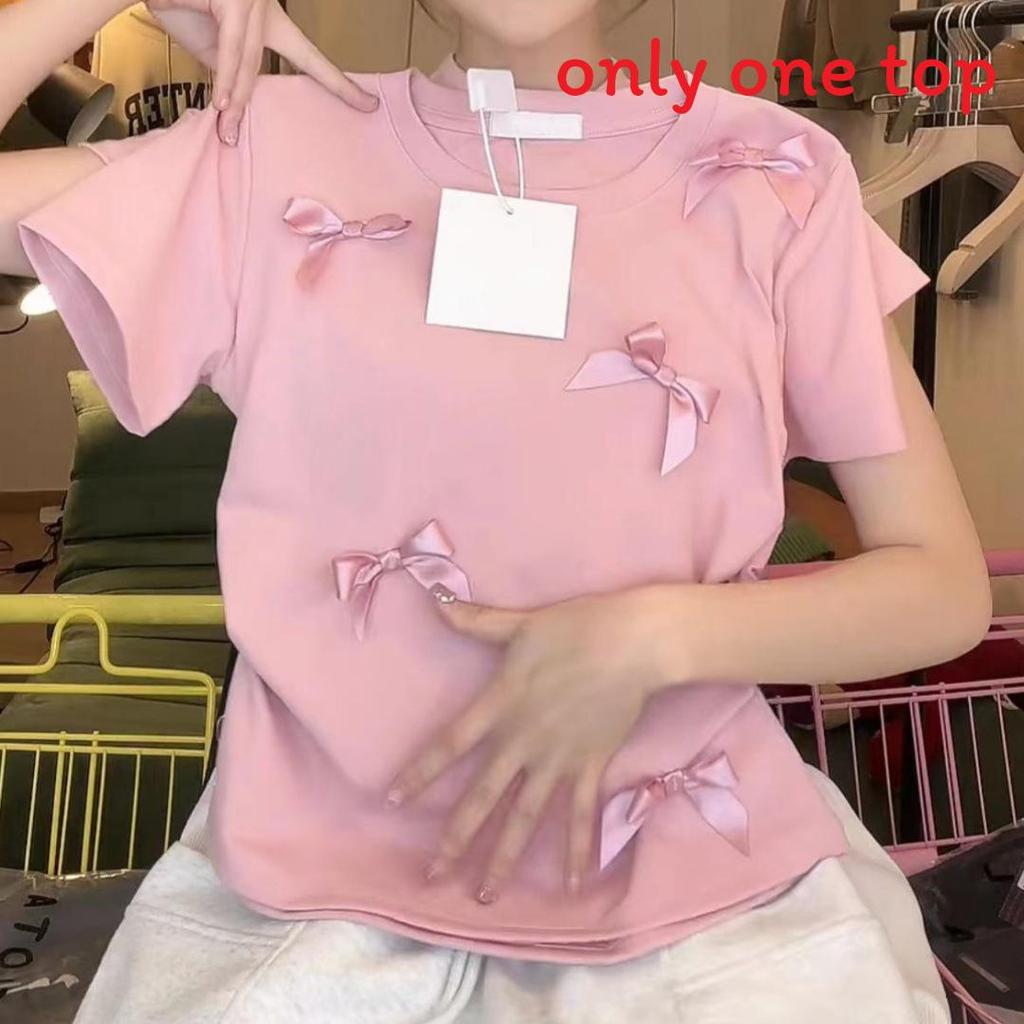Tshirt With Butterfly Bow Pattern Polyester Short Sleeve Summer Casual Top For Women