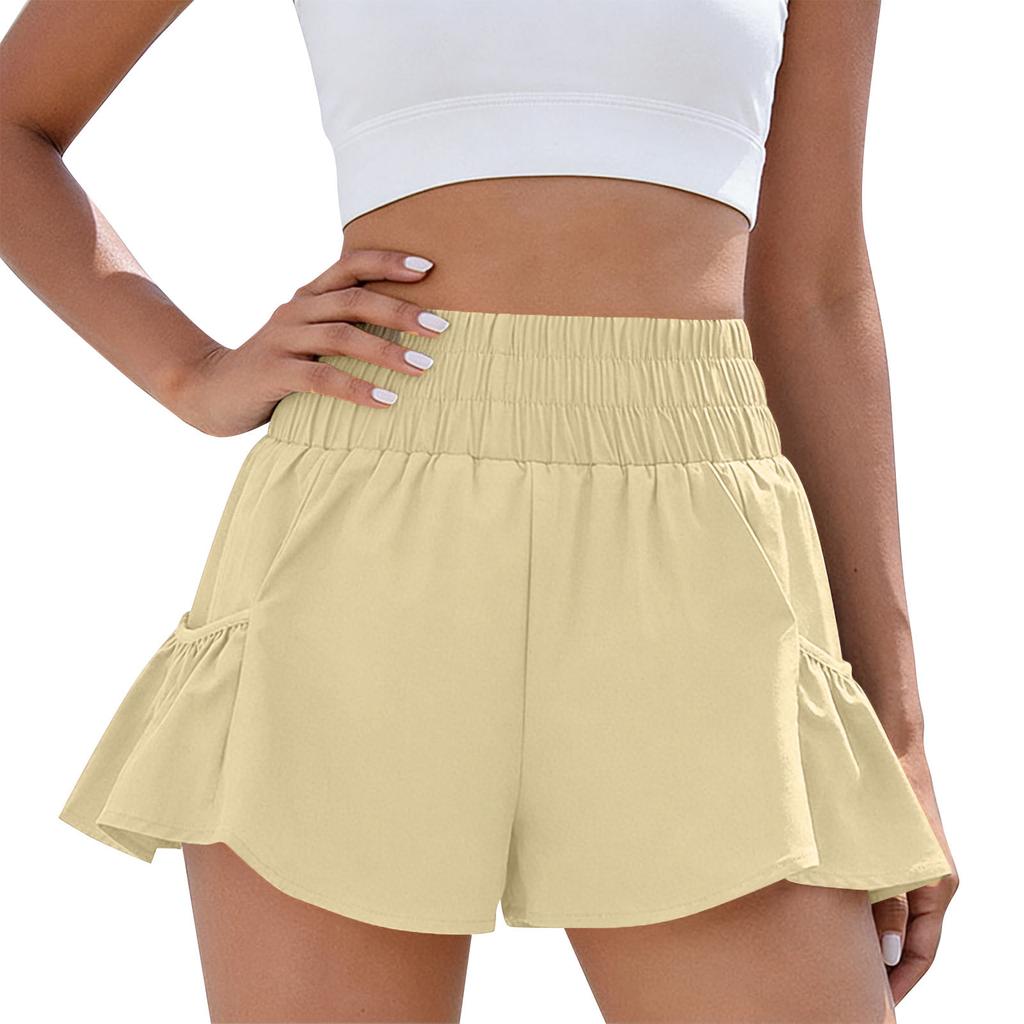 High Waist Ruffle Hem Shorts for Women Elastic Waistband Flowy Casual Shorts with Pockets Lightweight Fabric Design