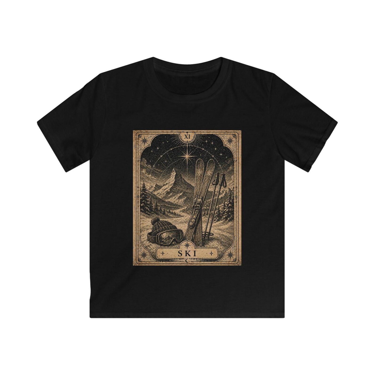 Vintage Ski Tarot Card Kids Tee | Mountain Night Skiing Graphic 160
