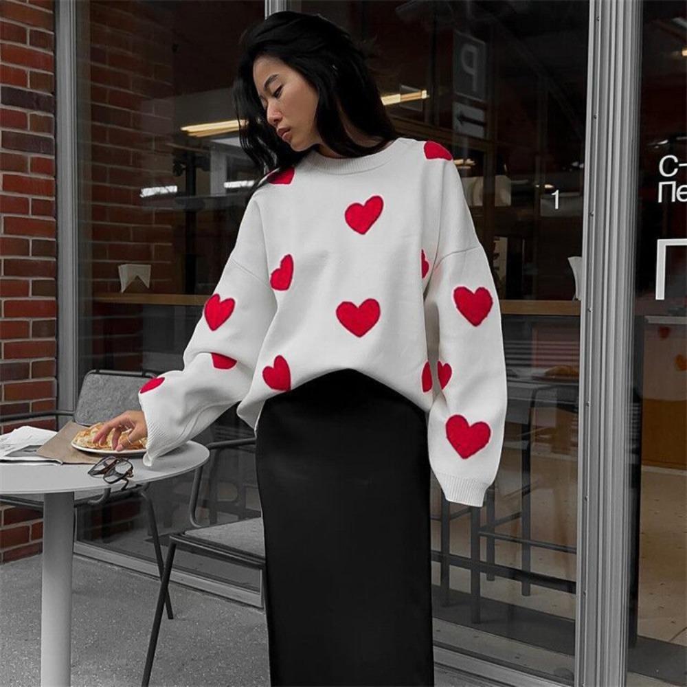 Women s Round Neck Long Sleeve Oversized Heart Embroidery Loose Knit Sweater Top S