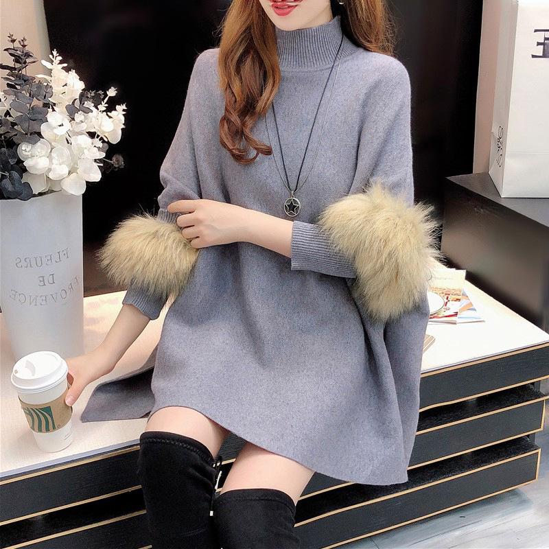 Autumn and Winter New Fur Sleeve Cape Shawl Half High Collar Knitted Pullover Sweater Loose Jacket for Women