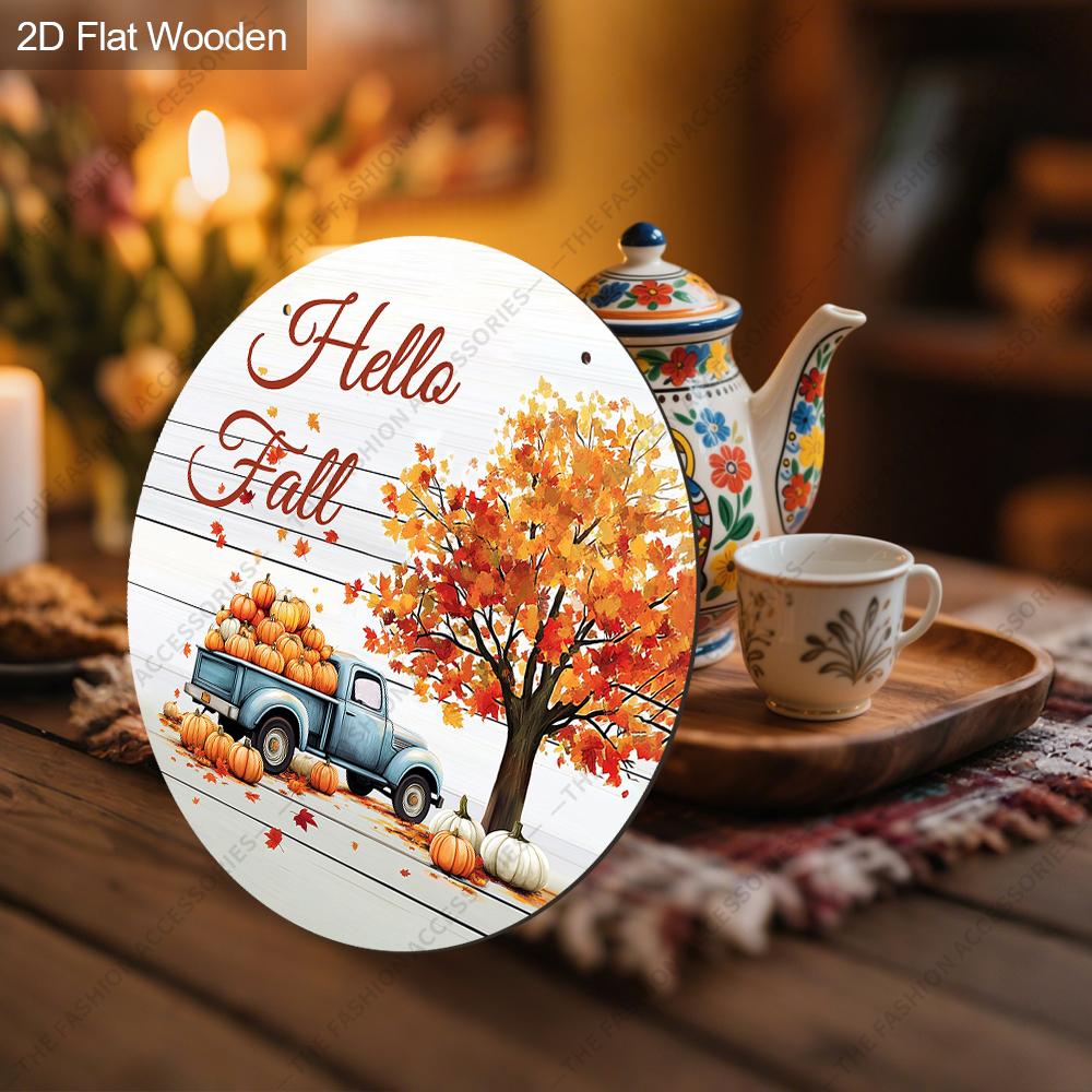 Garden decorations,autumn harvest festival decorations,wooden hanging decorative signs,"hello fall"logo,Pumpkin and car pattern,2D flat products