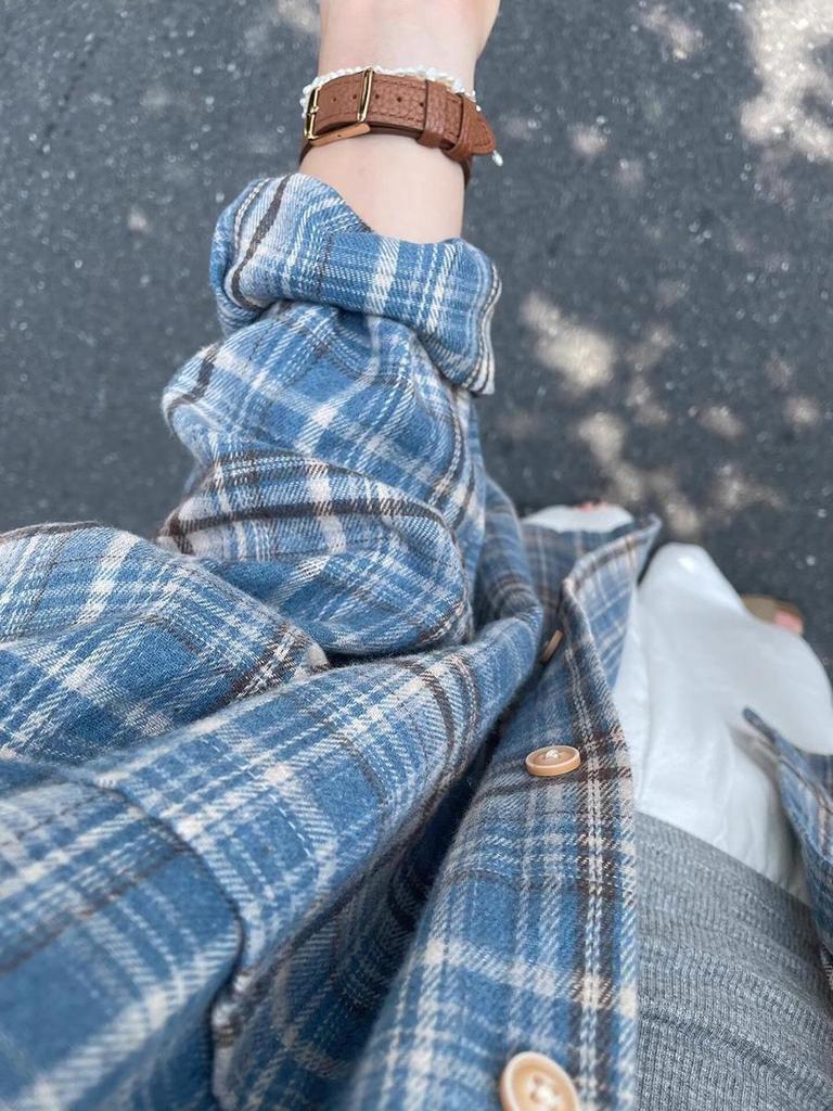 Women's 2026 Early Spring Retro Yellow Plaid Loose Shirt Jacket