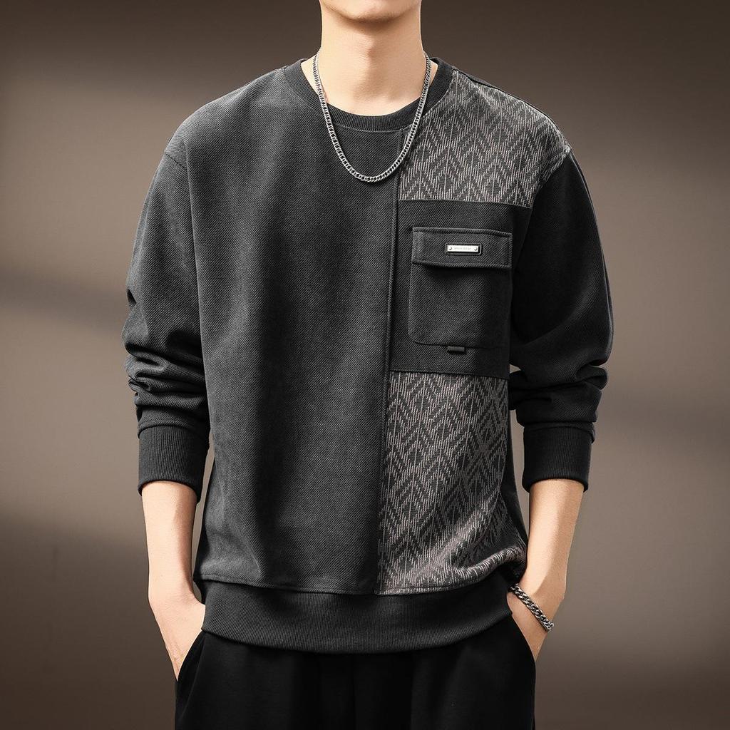 High-End Retro Jacquard Patchwork Raglan Sleeve Men's Sweatshirt - Autumn Heavyweight Trendy Round Neck Casual Top