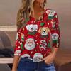 Women's Fashionable Casual Christmas Printed V-neck Three-quarter Sleeve Decorated Button Top