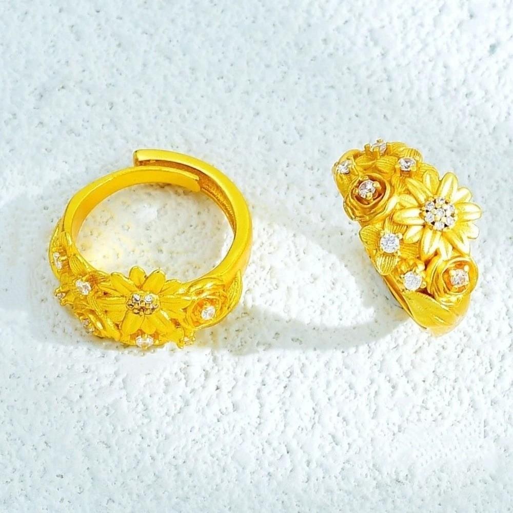 Glittering Rhinestone Accent Ring Sand Gold Gold Plated Ring Elegant Floral Adjustable Ring  Daily