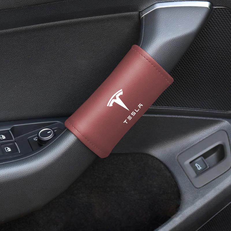 NLVAC1 2Pcs Leather Car Door Armrest Cover Roof Handle Covering For Tesla Model-Y Model-3 Model-X Model-S Cybertruck Roadster SpaceX