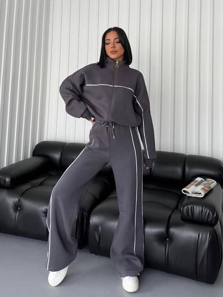 European and American Casual Set with Long Sleeve Cardigan Hoodie and Lace-up Striped Pants