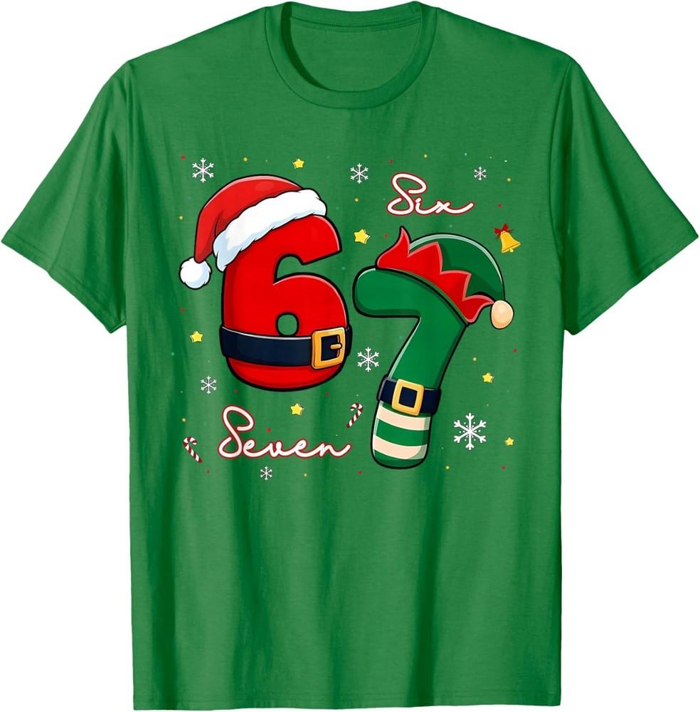 

Funny Six Seven 67 Meme 6 7 Elf Santa Christmas T-Shirt 4XL