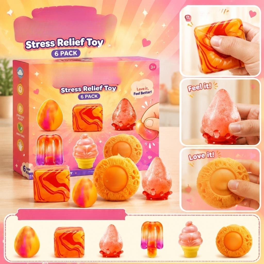 Stress Relief Toy Set 6 Pack Soft Sensory Fidget Toys Squishy Shapes for Anxiety and Focus Relief Kids Adults