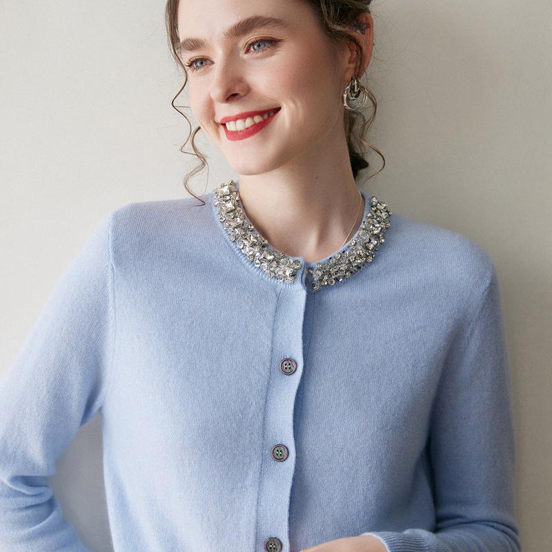 Autumn Winter Wool Knit Cardigan with Beaded Rhinestone Embellishments
