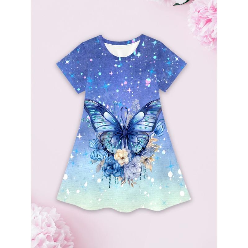 Casual Short-Sleeve Dress for Girls Featuring a 3D Unicorn Print, Perfect for Summer with Cute Cartoon Designs for Toddlers.
