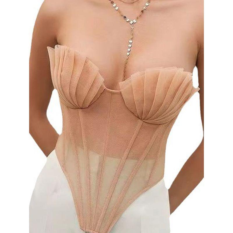 Transition Sexy Shell Pleated Zou Three-Dimensional Fishbone Back Strap Mesh Gentle Beauty Back Vest Flesh Color Inner Wear Blouse