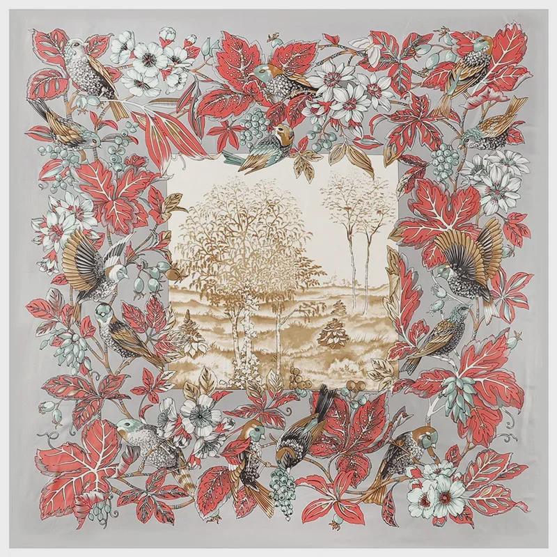 "New European and American Jungle Floral Bird Print 130cm Silk Twill Satin Square Scarf Shawl"