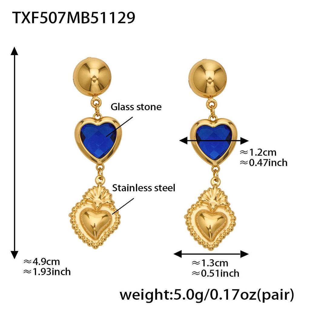 Colorful Heart Glass Stone Tassel Earrings & 18K Gold Plated Stainless Steel Necklace