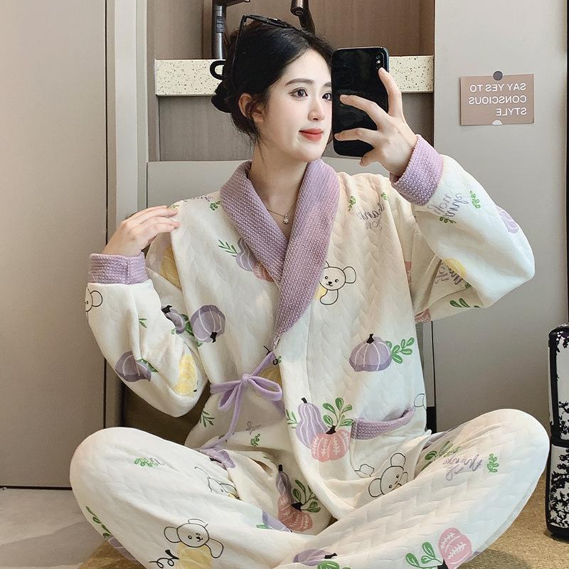 Plus Size Maternity Kimono Pajamas - Autumn/Winter Cotton for Postpartum & Breastfeeding