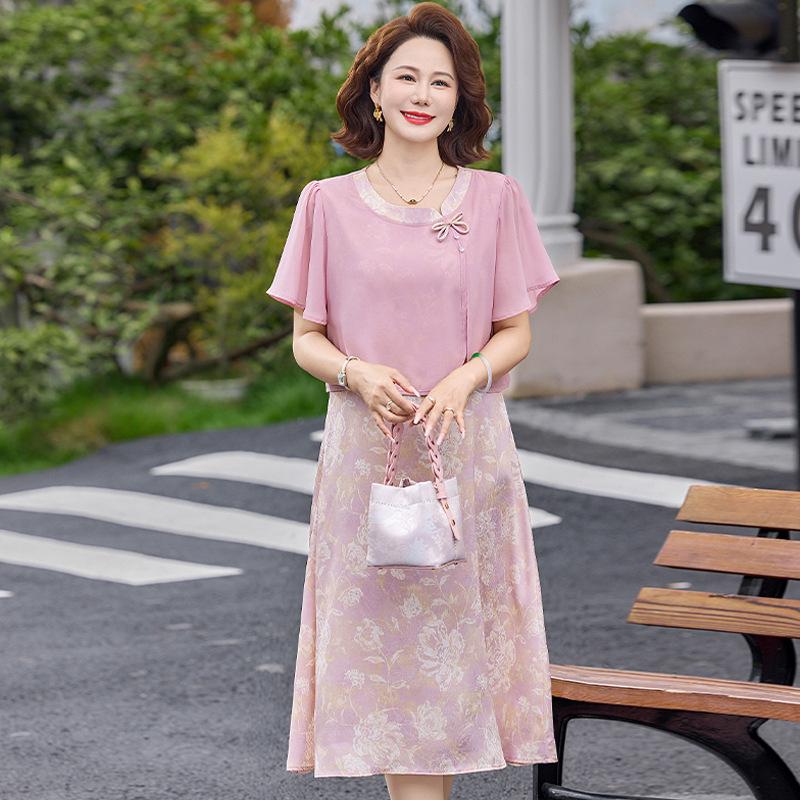 Elegant Summer Floral Two-Piece Dress for Women - Short Sleeve Skirt for Young, Middle-Aged, and Elderly Mothers