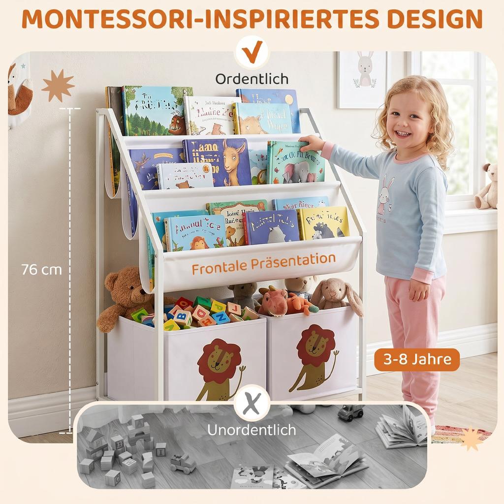Bookshelf For Children Children Shelf With 2 Open Compartments 3 Hanging Shelves 60 X 30 X 76 Cm White