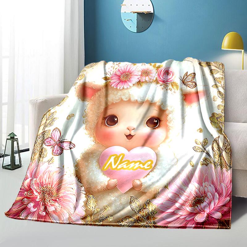1PC Custom Name Lamb Pink Flowers Flannel blankets Patterns Throw Blanket All-Season Soft Gift for Couch, Bed, Camping gifts