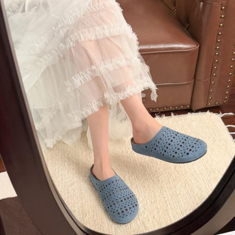 

Fashion Fashion Baotou Hollow Out Fretwork Suede Leather Solid Concise Half Slippers Women Round Toe Pull on Muller Beach Shoes Females 35 синий