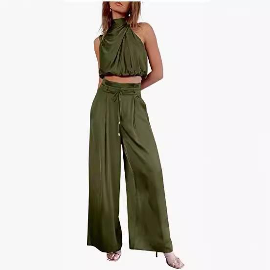 Damen Ärmelloses Stehkragen Crop Top & Weitbein Hose Set